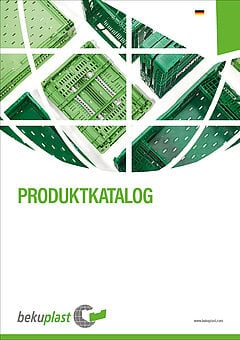 Titelbild des bekuplast Produktkatalogs in deutscher Sprache mit grünen Kunststoffbehältern in grafischer Anordnung auf weißem Hintergrund. Darunter der Schriftzug „PRODUKTKATALOG“ und das bekuplast-Logo mit Webadresse.