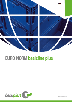 Titelbild eines bekuplast-Katalogs der Serie „basicline plus“ in deutscher Sprache. Oben eine stilisierte Aufnahme blauer Kunststoffbehälter, darunter der Titel „basicline plus“. Am unteren Rand das bekuplast-Logo mit Webadresse.