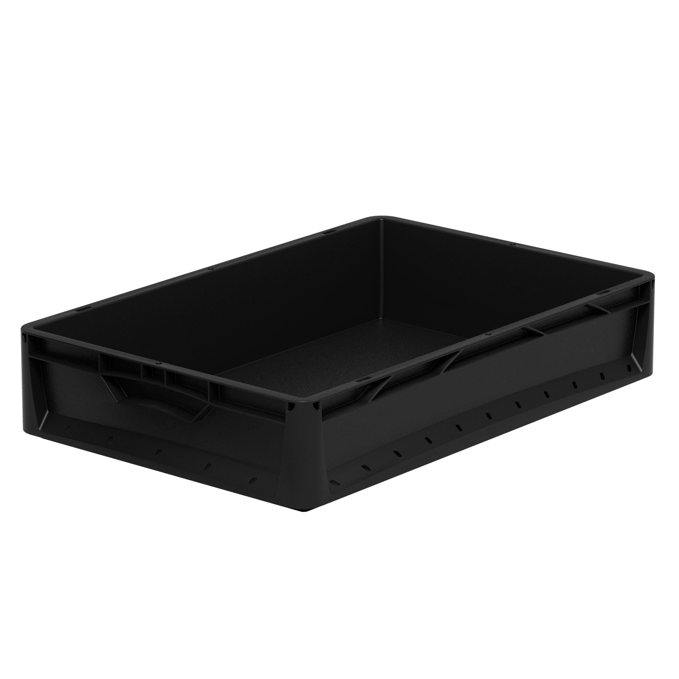 Schwarze Kunststoffbox mit integrierten Griffmulden und geradlinigem Design, rechteckige Form, stapelbar und ideal für Lager- oder Transportzwecke geeignet.