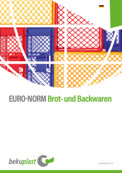 Titelbild eines bekuplast-Katalogs für Brot- und Backwarenbehälter in deutscher Sprache. Oben bunte, durchbrochene Kunststoffkisten in Rot, Gelb und Blau, darunter der Titel „Brot- und Backwaren“. Unten das bekuplast-Logo mit Webadresse.