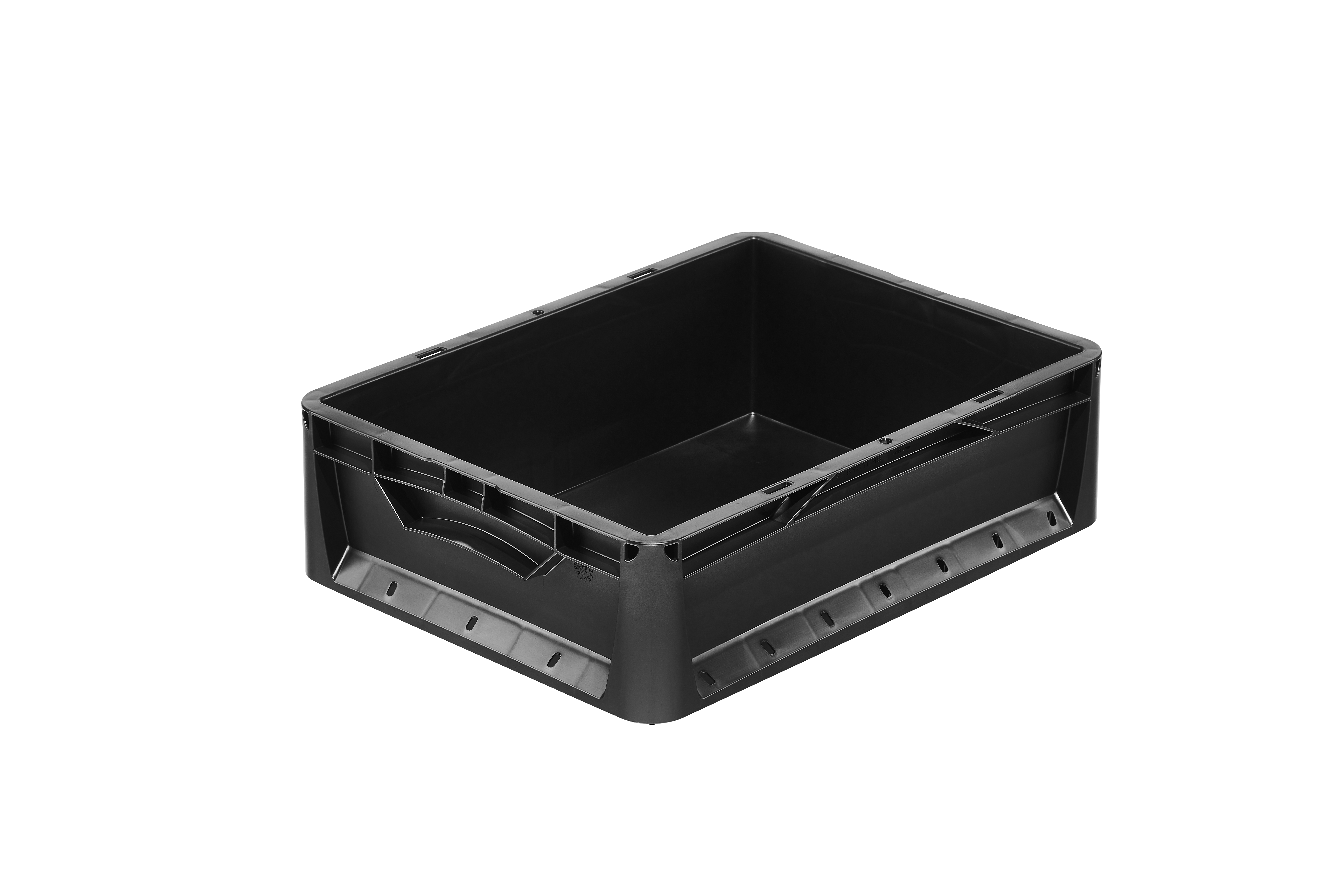 lightline-Behälter geschlossen / Handgriff geschlossen Schwarze Kunststoffbox mit offenen Griffmulden an den Seiten, rechteckige Form, robust und stapelbar, geeignet für Lagerung und Transport.