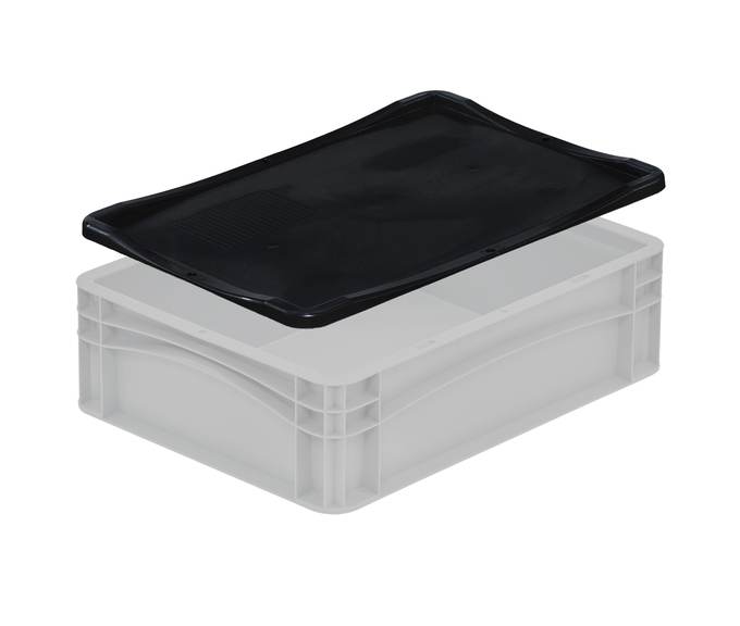 Schwarzer Kunststoffdeckel schwebt über einem grauen Eurobehälter der Serie „basicline eco“; der Deckel ist passend geformt zum sicheren Verschließen des Behälters und besteht aus robustem Kunststoff.