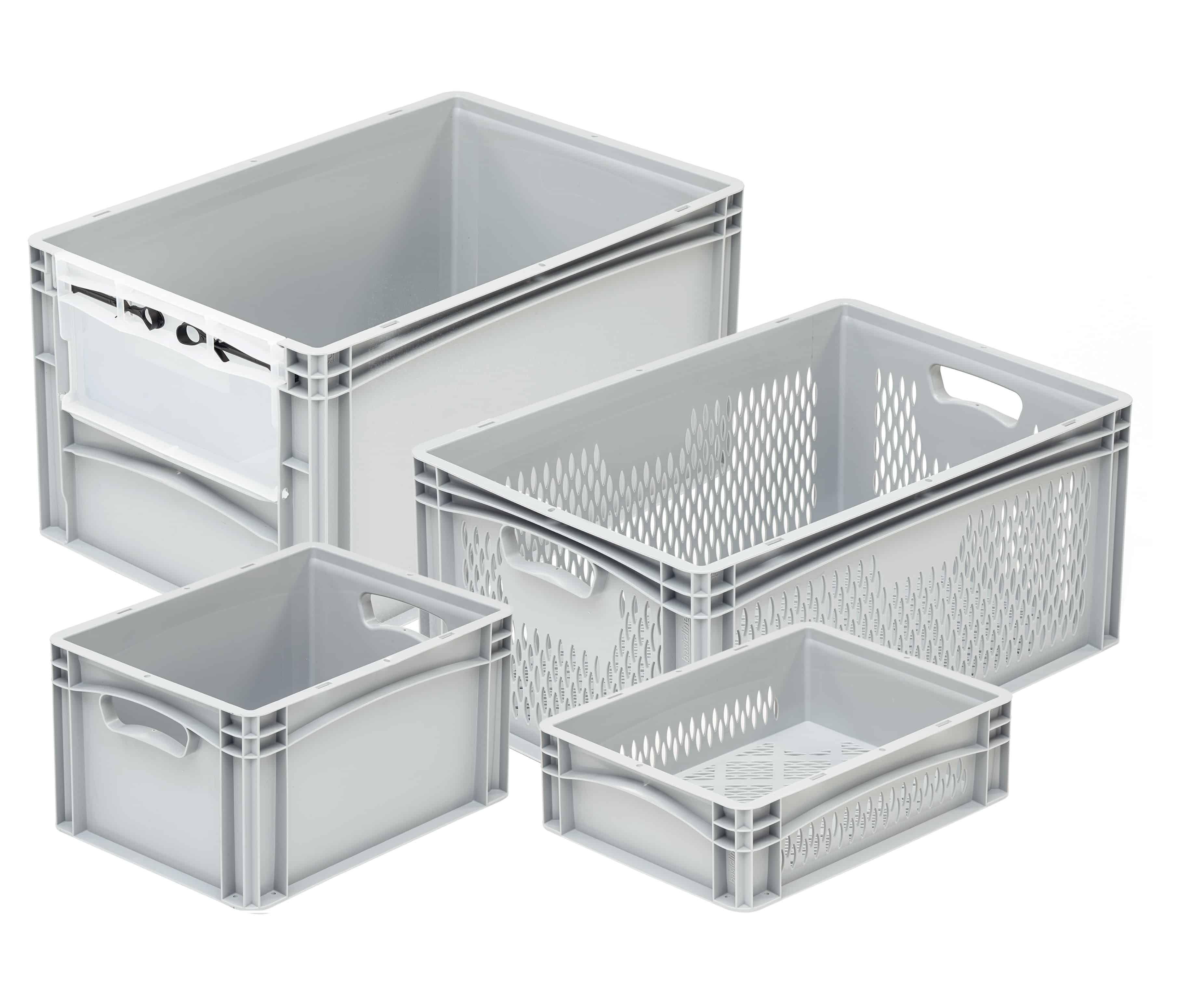 Verschiedene graue Eurobox-Modelle aus Kunststoff in unterschiedlichen Größen, teils geschlossen, teils durchbrochen – ideal für Lagerung und Transport in Industrie und Handel.