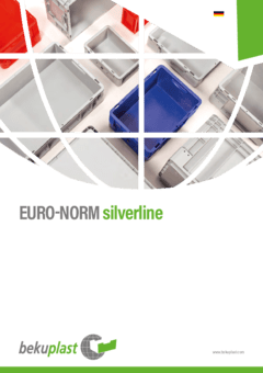 Titelbild eines bekuplast-Katalogs der Serie „silverline“ in deutscher Sprache. Oben eine Draufsicht auf verschiedenfarbige Kunststoffbehälter in Grau, Blau und Rot. Darunter der Titel „silverline“. Unten das bekuplast-Logo mit Webadresse.